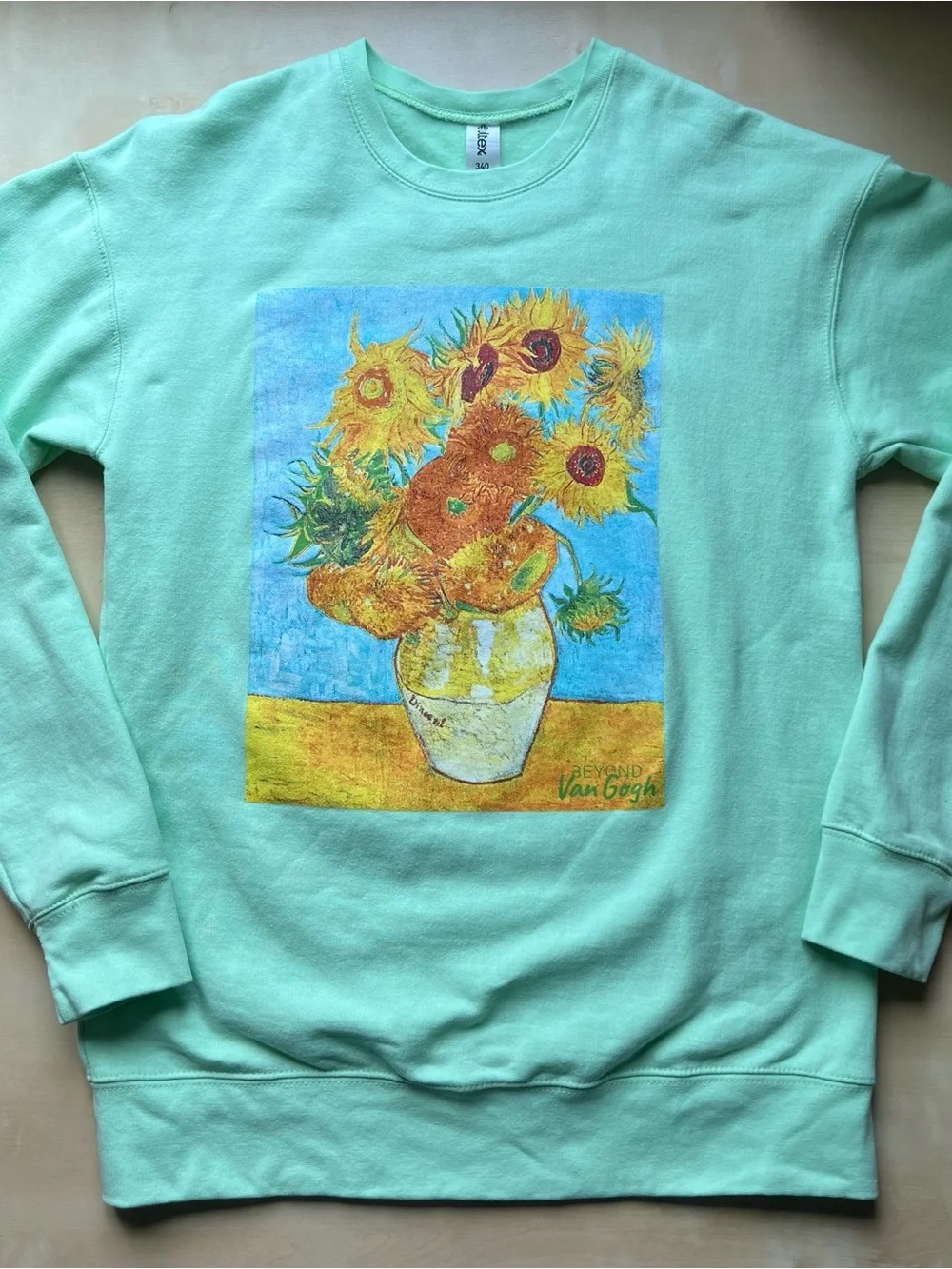 Artsy Mint Green Crewneck Sweatshirt with Van Gogh Sunflowers Print - Picture 2 of 8